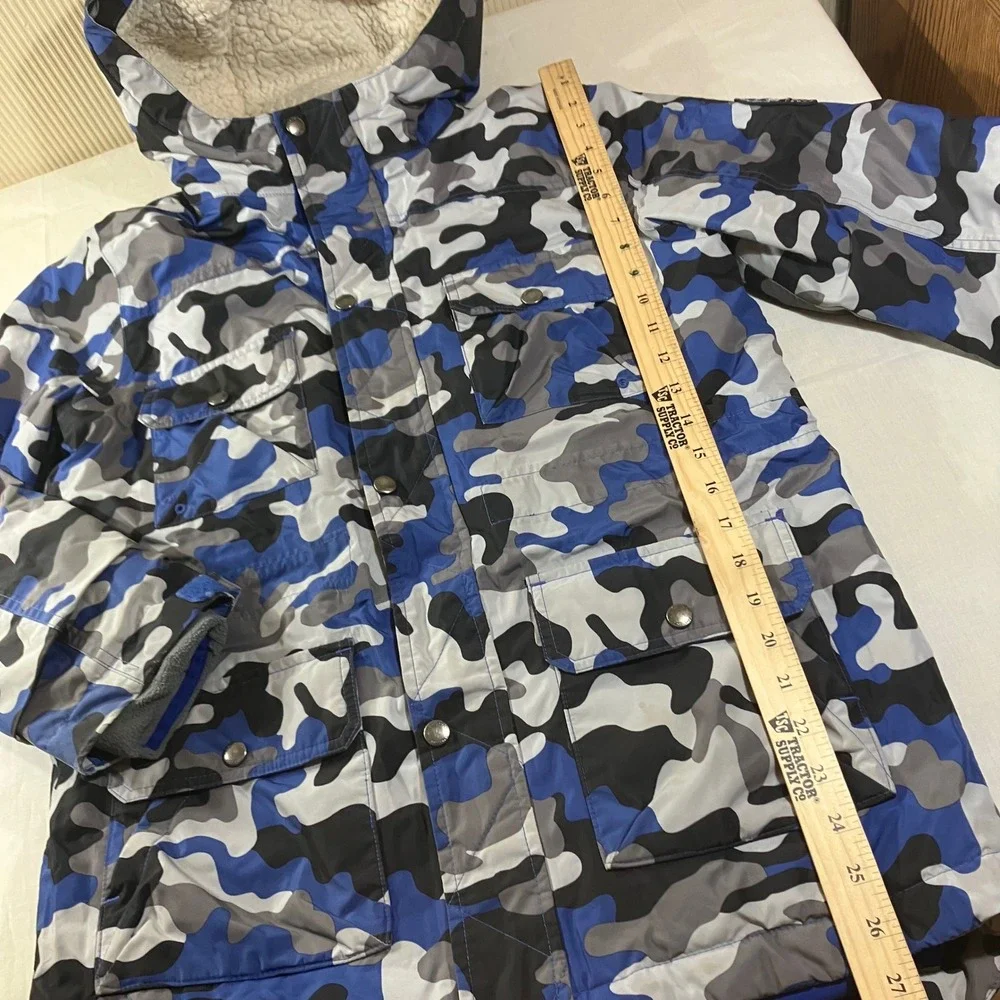 Lands End Boys Blue Camo Down Parka Jacket Sherpa Lined Hood Size L 14-16